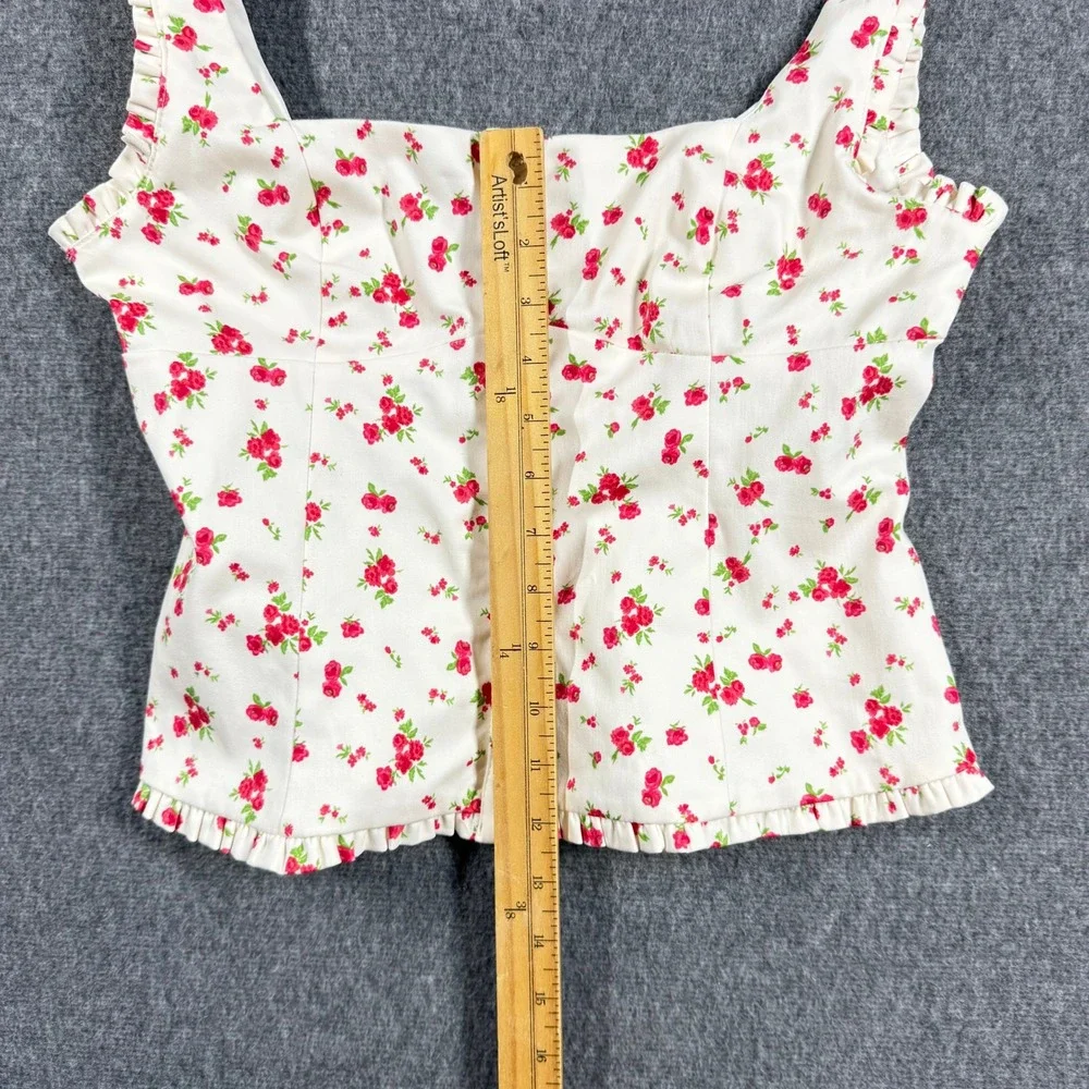 Zara Women Ivory Red Floral Button Front Ruffle Trim Square Neck Top Medium - Picture 4 of 10